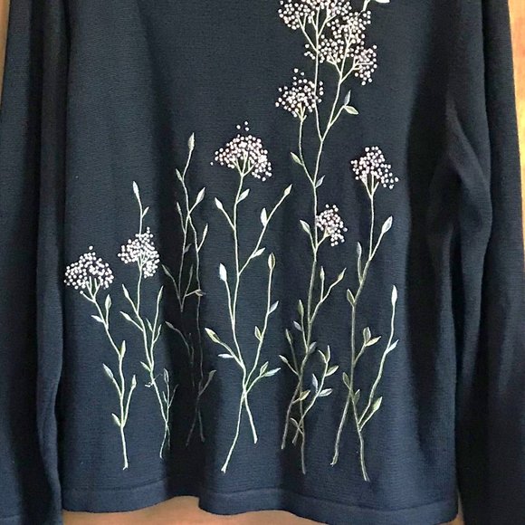 DARK BLUE ALFRED DUNNER WOMEN'S SWEATER, MEDIUM,  FLOWER BEAD EMBELLISHMENTS - Picture 3 of 4